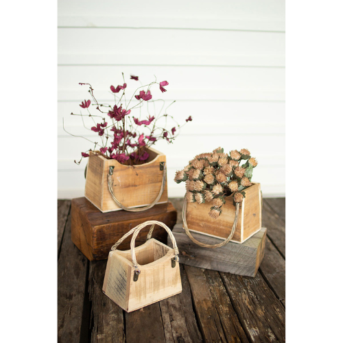 Set of Three Rustic Recycled Wood Hand Bag Planters